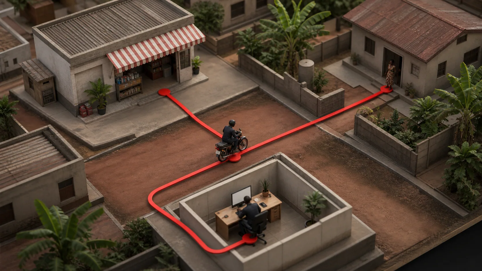 Ugandan delivery model showing a logistics loop between a shop, rider, customer and operator.