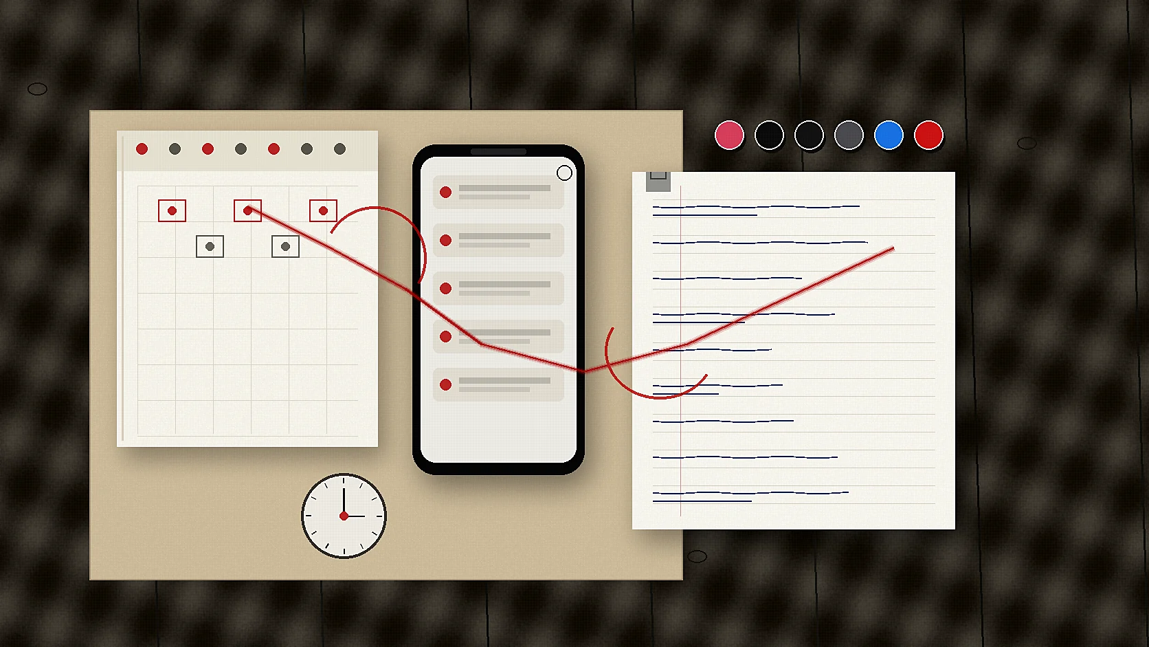 Desk still life of a calendar, phone timeline, notebook and clock for AI content scheduling.