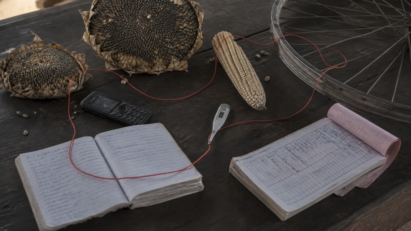 Notebooks, a phone, sunflower heads and a red cord on a table, standing for AI in Uganda across everyday work.